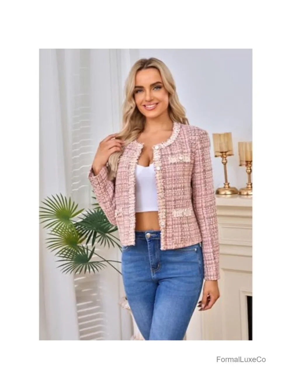 Cropped Tweed Blazer Long Sleeve Crewneck Open Front Lace Trim Lightweight